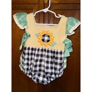 Honey Bean Baby Girl Sunflower Gingham Ruffle Romper Yellow Mint 18M